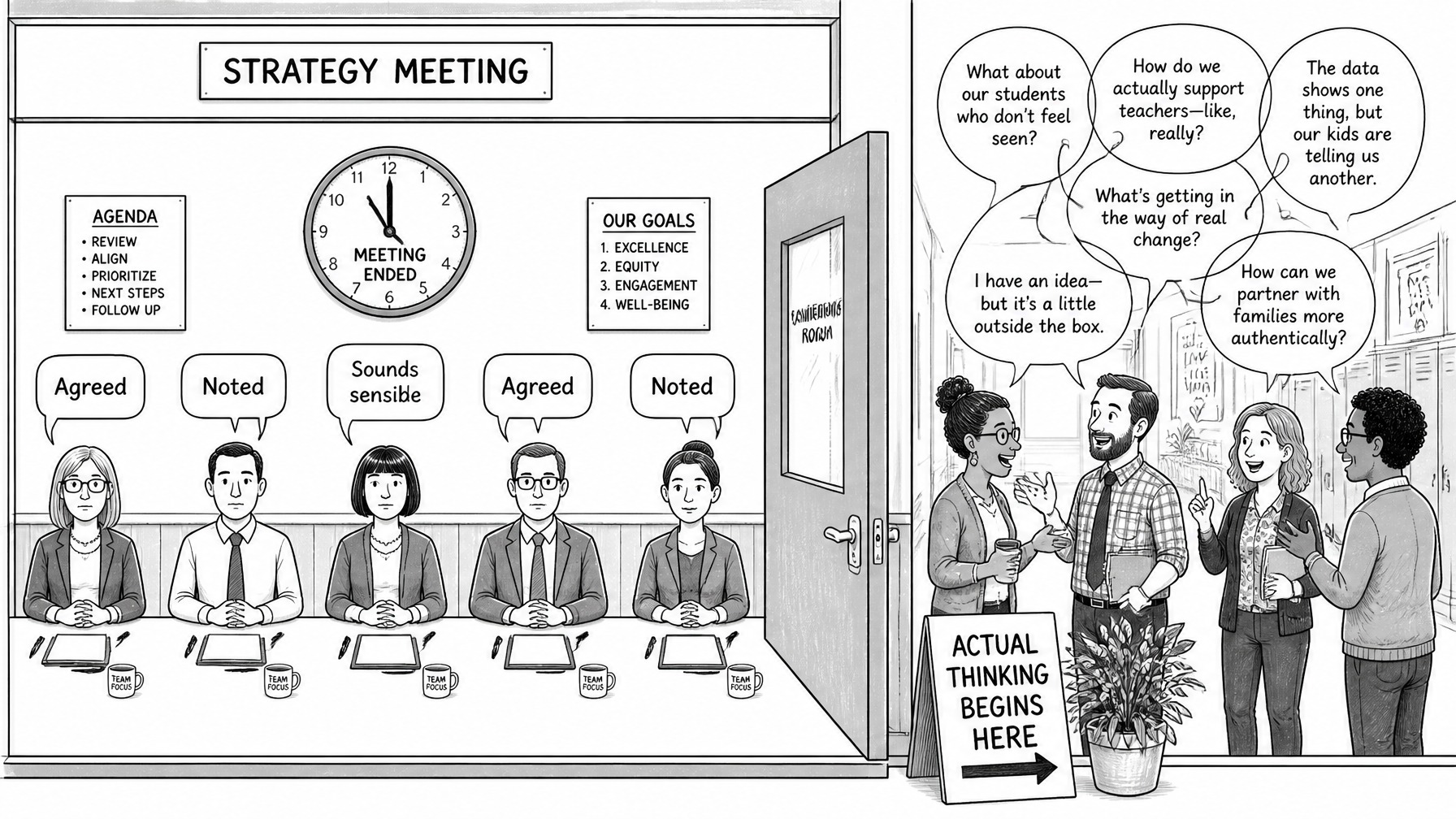 Two people talking in a corridor after a meeting - the moment when real thinking often happens