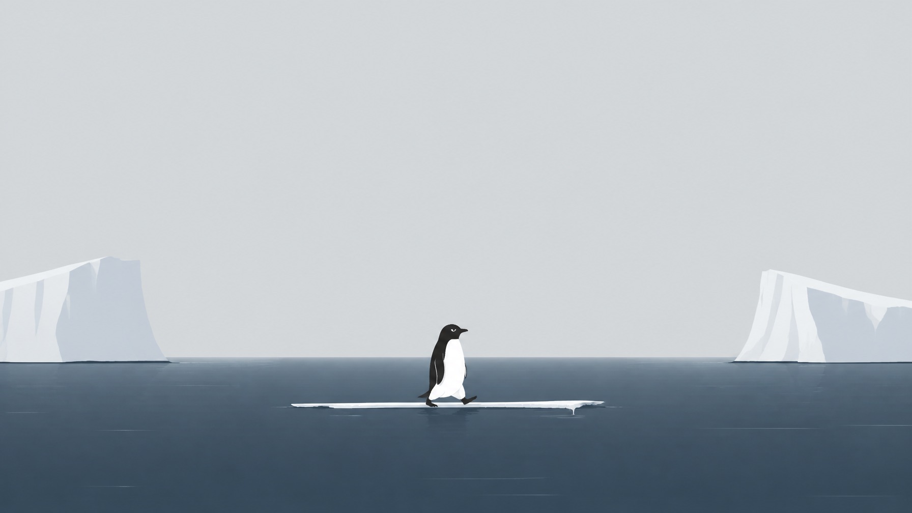 A penguin waddling between two icebergs